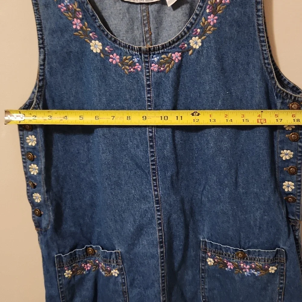 Jane Ashley Womens Vintage Denim Dress M Maxi w Floral Embridered Neck Pockets - Picture 6 of 12
